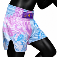 Shorts de boxe SHH pour femme, rose et bleu, à motifs floraux, en satin, pour Muay Thai et Kickboxing, coupe classique, vêtements de sport pour adulte, séchage rapide, logo frontal