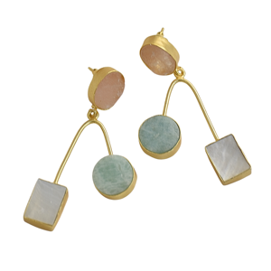 Boucles d'oreilles pendantes triple pierre plaquées or, semi-précieuses, améthyste, quartz rose, nacre, bijoux de mode en gros - Product Image 4