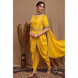 DESIGNER GEORGETTE BRODERIE SEQUENCE TRAVAIL READYMADE DHOTI CHEMISIER SANS COUTURE AVEC DUPATTA ET CEINTURE JAUNE - Product Image 1