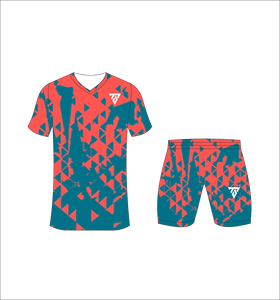 Custom sublimated <b>soccer</b> uniform set for men with teal and coral geometric triangle pattern print jersey and matching shorts - Product Image 5