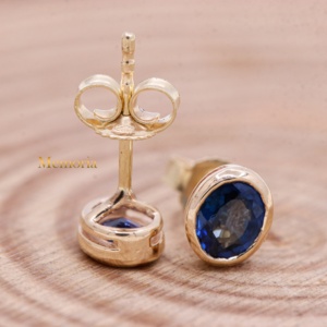 Wholesale 14k Yellow Gold Natural Oval <b>Blue</b> <b>Sapphire</b> Bezel Stud <b>Earrings</b> Memoria Jewels - Product Image 4
