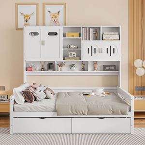 Letto a giorno in legno bianco all-in-one con 2 cassetti e ripiano, letto matrimoniale - Product Image 2