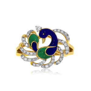 Bague Cocktail Femme en Or Jaune avec Diamant de Laboratoire et Émail Bleu Vert, Motif Paon, Vente en Gros - Product Image 2