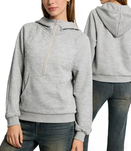 Women's Gray Hooded Zip-Up Sweatshirt with Front Pocket Casual Solid Knitted Pullover Winter Wear Eco-Friendly Polyester/Cotton - Product Image 2