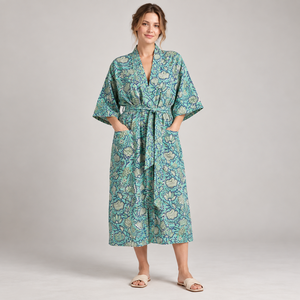 Robe à imprimé floral pour femmes, longueur genou, manches trois quarts, en polyester tissé doux, décontractée, avec fermeture à cordon - Product Image 1