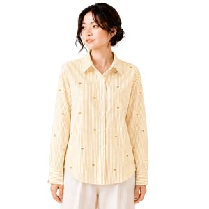 Chemisier ample décontracté en coton à rayures jaunes et blanches pour femme, avec broderie cœur, manches longues et boutonnage - Product Image 1