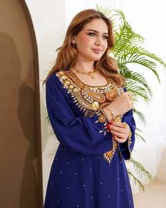 Awais House Women's Blue Embroidered Polyester Abaya Spring Floor Length Modest Long Sleeve <b>Plus</b> <b>Size</b> Middle East Style Solid V - Product Image 3