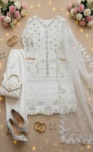 Ensemble Kurta en coton blanc brodé avec pantalon palazzo, coupe ample traditionnelle, longueur cheville, tenue ethnique style Inde Pakistan - Product Image 5