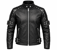 Veste de moto en cuir véritable noir pour homme avec fermeture éclair, boucles réglables, coupe ajustée, style motard, à porter en automne et en hiver