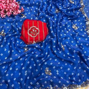 Sari en satin Bollywood haut de gamme et tendance avec imprimé numérique et pallu à sequins, et blouse non cousue par Royal Export - Product Image 2
