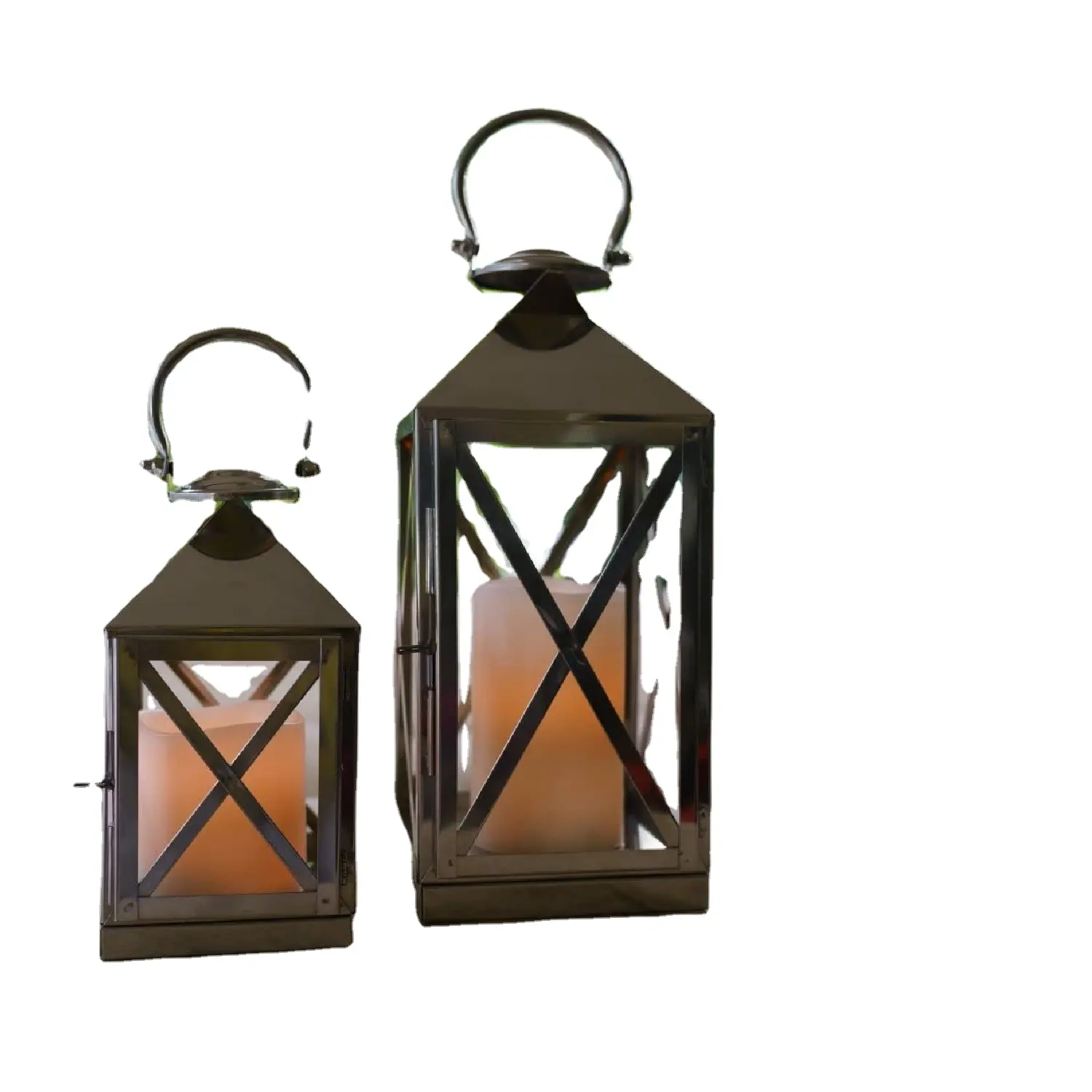 Conjunto de 2 lanternas de metal e vidro para velas, com revestimento em pó preto e formato quadrado, excelente qualidade para decoração de casa