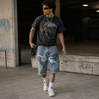 Shorts en jean tissé bleu glace avec strass Flame Wing pour homme, style baggy Y2K streetwear, avec applique chaîne et ourlet effiloché, été, faible MOQ