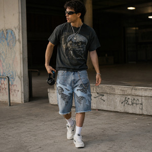 Flame wing rhinestone <b>ice</b> blue denim jorts men Namja baggy Y2K streetwear shorts applique chain <b>ring</b> frayed hem low MOQ - Product Image 6