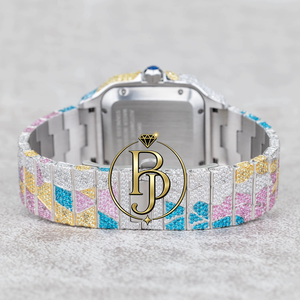 Montre analogique à quartz en acier inoxydable de haute qualité, entièrement sertie de pierres multicolores, cadran carré abstrait, résistance à l'eau 3 ATM - Product Image 4