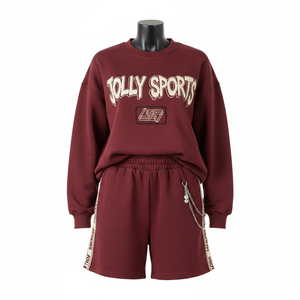 Conjunto de Sudadera y Pantalones Cortos para Mujer, Algodón GSM, Felpa de Poliéster, Color Granate, Cinta Lateral con Logotipo Bordado - Product Image 6