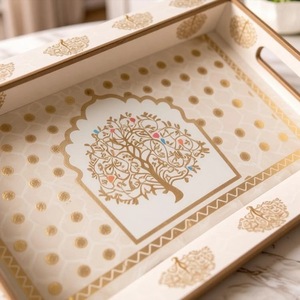 Ensemble de plateaux décoratifs rectangulaires à motif floral, design bohème en bois, emballage multi-pièces - Product Image 3