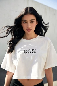 Women's <b>Cream</b> <b>Crop</b> <b>Top</b> Crew Neck Short Sleeve Letter Print Casual T-Shirt Regular Fit Spring Summer 100% Cotton Jersey - Product Image 4