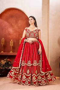 <b>Red</b> Embroidered <b>Sequins</b> Zari Lehenga Choli Dupatta Traditional Indian Wedding Wear for Women Floor-Length Sun Protection Quick - Product Image 1