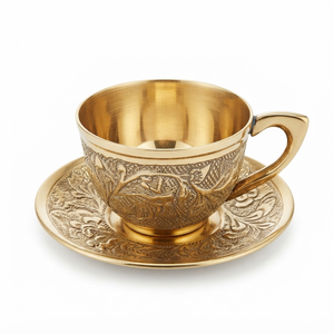 Juego de taza y platillo de latón tallado a mano, estilo antiguo, con relieve, para café turco o árabe, ideal para hoteles de lujo, venta al por mayor. - Product Image 1