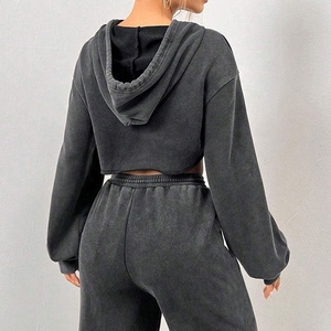 Women's Washed Black Cropped Hoodie Autumn Winter Eco-Friendly Casual Jersey Fabric V-neck Long Sleeve Drawstring Sweatshirt Top - Product Image 2