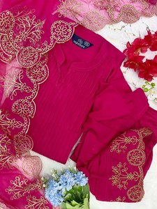 New Lunching Pure Cotton Silk Kurti Pant with Organza Duppata Embroidery TENNECY Party Wear for Wedding <b>Ankle</b>-Length - Product Image 5