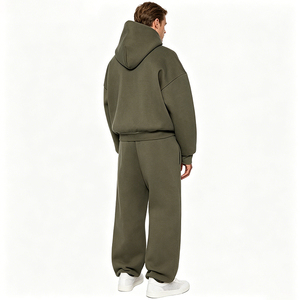 Survêtement à capuche vert olive pour homme, manches longues, fermeture éclair, coupe ample, poches latérales, tenue décontractée d'automne, 100% coton, couleur unie - Product Image 3