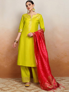 Lime Green Silk Blend Quick Dry Digital Print <b>Kurta</b> Set Red Dupatta Traditional Indian <b>Women</b> Casual Wear Knee-Length Regular Fit - Product Image 3