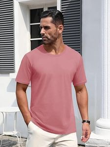 Camiseta de Punto Informal para Hombre, Cuello Redondo, Color Sólido, Manga Corta, Color Rosa - Product Image 4