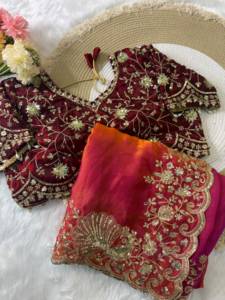 Elegante Saree de Satén con Bordado de Lentejuelas y Hilo, Blusa en Contraste, para Bodas, Fiestas y Eventos Tradicionales, Saree de Lujo - Product Image 1