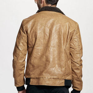 Men's Genuine Leather Bomber <b>Jacket</b> Stand Collar Zipper Closure Faux Fur Lining Solid Color Autumn Wear - Product Image 2