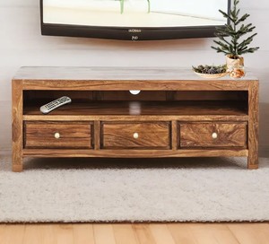 Solid Wood TV <b>Cabinet</b> | Honey Finish 3-Drawer Entertainment Unit with Open Shelf | <b>Rustic</b> Farmhouse Storage Furniture - Product Image 1