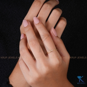 Minimalist 14K Yellow Gold Chevron Curved Wedding Band 3 Stone Round Lab Grown Diamond Contoured Stacking Ring For Women - Product Image 4