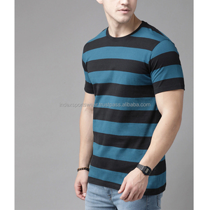 Camiseta de Manga Corta a Rayas para Hombre, Cuello Redondo, Corte Regular, Tejida, Informal, Azul y Negra, con Estampado - Product Image 3