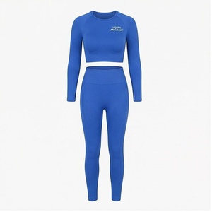 Ensemble de yoga 2 pièces, haut court sans couture bleu uni, legging taille haute, extensible dans quatre directions, vêtements de sport pour femmes - Product Image 4