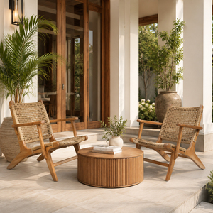 Sillón de teca maciza premium estilo Mid-Century, retro, con asiento y respaldo tejidos, para proyectos de hoteles, resorts y patios. - Product Image 5