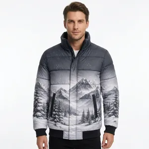 Men's Winter Puffer <b>Jacket</b> Snow Mountain Print Stand Collar Zipper Closure Windproof Casual Thick Polyester Material - Product Image 3