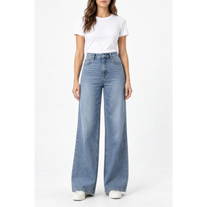 Jean en denim taille haute à jambe large pour femme, dos élastique, bleu délavé, tailles XS-6XL - Product Image 1