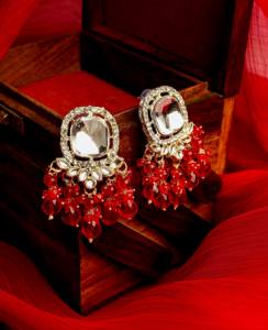 Pendientes de lujo con cuentas rojas pastel, hechos a mano, estilo Kundan, tono dorado tradicional, étnicos, para boda, venta al por mayor para mujer - Product Image 1