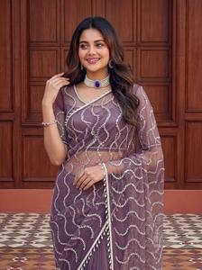 Conjunto de Saree de Lujo en Color Morado Malva con Bordado de Lentejuelas Pesadas y Patrón de Ondas, Ideal para Bodas Indias y Pakistaníes, Ropa de Fiesta de Verano de Secado Rápido - Product Image 2