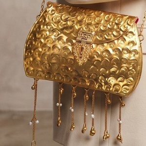Handmade Hammered Gold Tone Evening <b>Bag</b> with Beaded Stone Pattern <b>Pearl</b> Fringe Chain Strap Bridal <b>Clutch</b> - Product Image 1