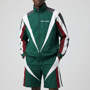 Custom Screen Printed Logo 100% Nylon Relaxed Fit Windproof & Waterproof Short Set Two Piece <b>Hip</b> Hop Style Panelled Tracksuit - Product Image 1