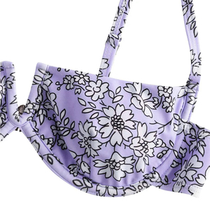 Women's Floral Print Bikini Set <b>Bandeau</b> Top Thong Bottom Stretch Swimwear Purple Patterned Two Piece Swimsuit - Product Image 3