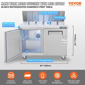 Commercial <b>Kitchen</b> Refrigeration Equipment 48\" Commercial Refrigerator 12.85 Cu. Ft. Stainless Steel Sandwich Salad <b>Prep</b> <b>Table</b> - Product Image 2