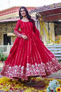 <b>Red</b> Faux Georgette Embroidered Anarkali Gown with Dupatta <b>Sequin</b> Floral Ethnic Wear for Wedding Party Diwali - Product Image 4