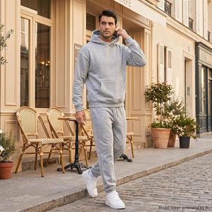 Men's Solid Gray Hooded Tracksuit Full Length 100% Cotton Casual Athletic Wear with Drawstring Closure and Side Pockets - Product Image 5