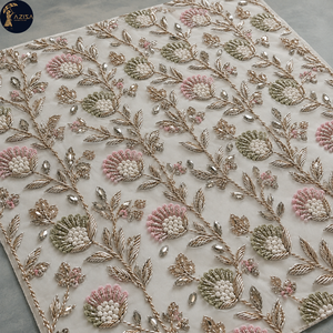 Blush Floral Pearl Dress <b>Fabric</b> with Sage Accents and Metallic Leaf Detail | Ornamental Textile for Bridal Gowns Eveningwear <b>Net</b> - Product Image 3