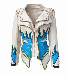 Blouson Moto Coupe-Vent en Cuir PU Blanc avec Broderie Flamme Bleue, Détails Rivets, Fermeture Éclair, Coupe Slim, Style Motard Unisexe Hiver - Product Image 1