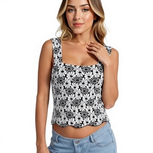 Débardeur tricoté imprimé floral pour femmes grandes tailles, col carré, décontracté, sans manches, coupe courte, été - Product Image 4