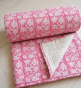 Luxury Handmade Cotton Kantha <b>Quilt</b> Floral Hand Block Print Bed Cover <b>Throw</b> Blanket Custom Size OEM All-Season Reversible - Product Image 4
