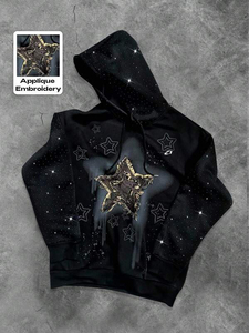 Heavy Cotton Fleece Hoodies Rhinestone Detail <b>Star</b> Applique Embroidery Streetwear Pullover Custom <b>Designer</b> Apparel - Product Image 5